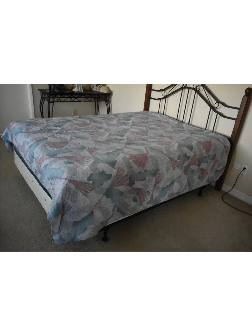 Vintage 80s/90s Full Queen Comforter Blanket 2 SIDE VIEW Floral Fan Geometric